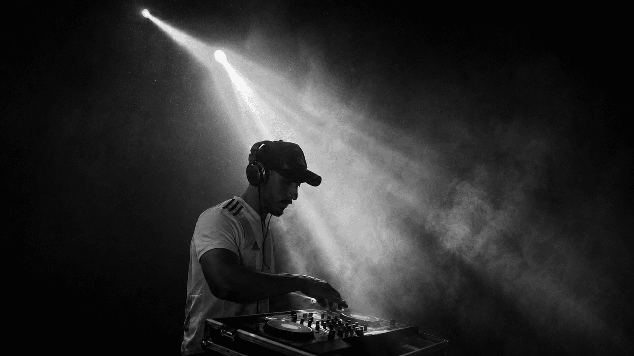 Edurius DJ em atuação iluminado por feixes de luz